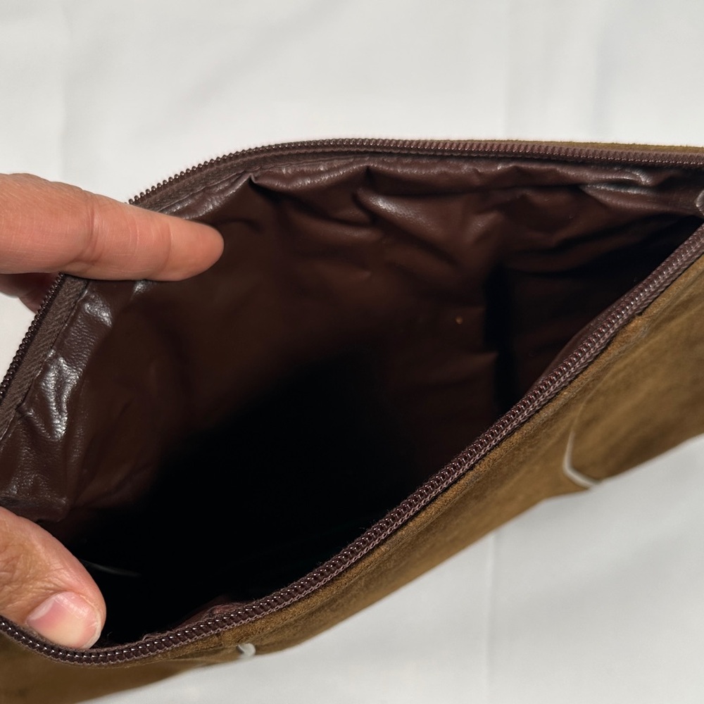 Brown Suede & Leather Zippered Clutch Bag with Gold Front Line Italy Vintage - Picture 5 of 8